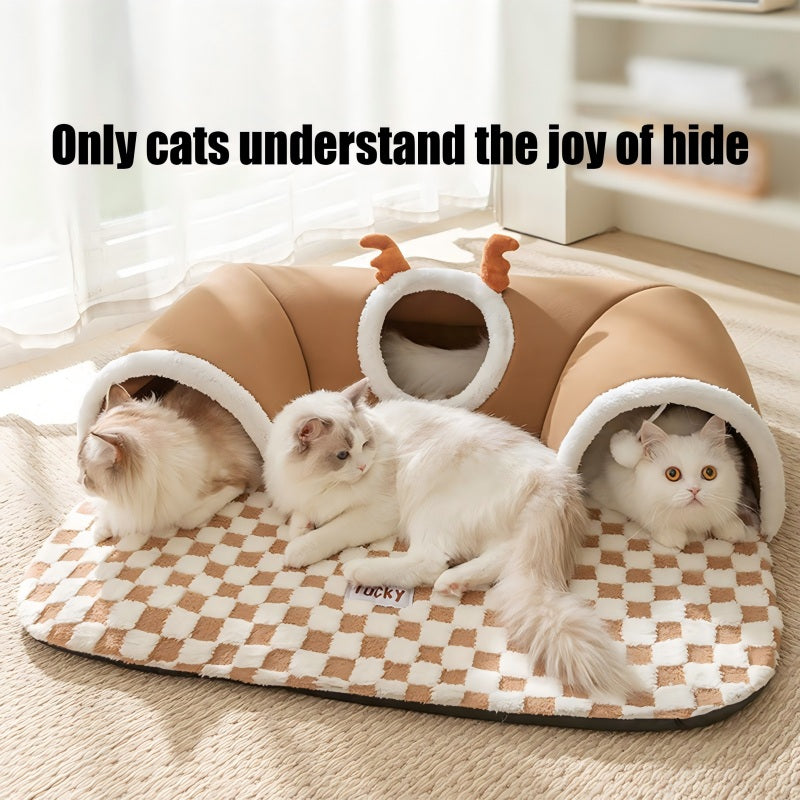 Cat Tunnel Bed Indoor,Cat Peekaboo Cave Bed For Multiple Cats,Kitty Tube With Balls Toys,Removable Small Dog House Washable,Small Animal Tunnel For Kitty,Bunny