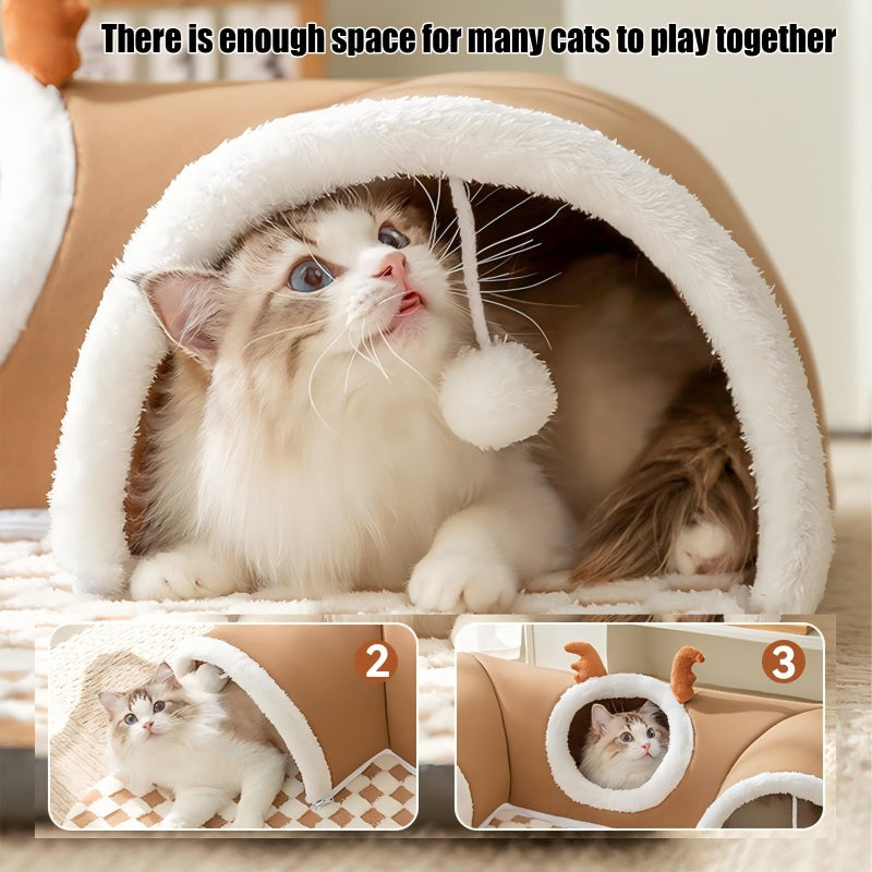 Cat Tunnel Bed Indoor,Cat Peekaboo Cave Bed For Multiple Cats,Kitty Tube With Balls Toys,Removable Small Dog House Washable,Small Animal Tunnel For Kitty,Bunny