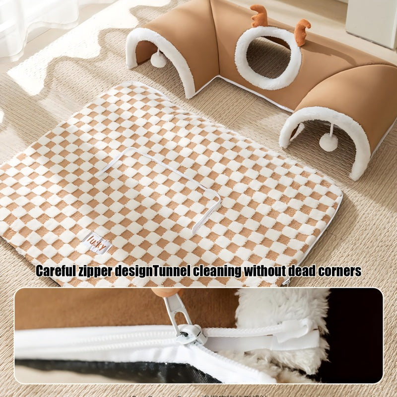 Cat Tunnel Bed Indoor,Cat Peekaboo Cave Bed For Multiple Cats,Kitty Tube With Balls Toys,Removable Small Dog House Washable,Small Animal Tunnel For Kitty,Bunny