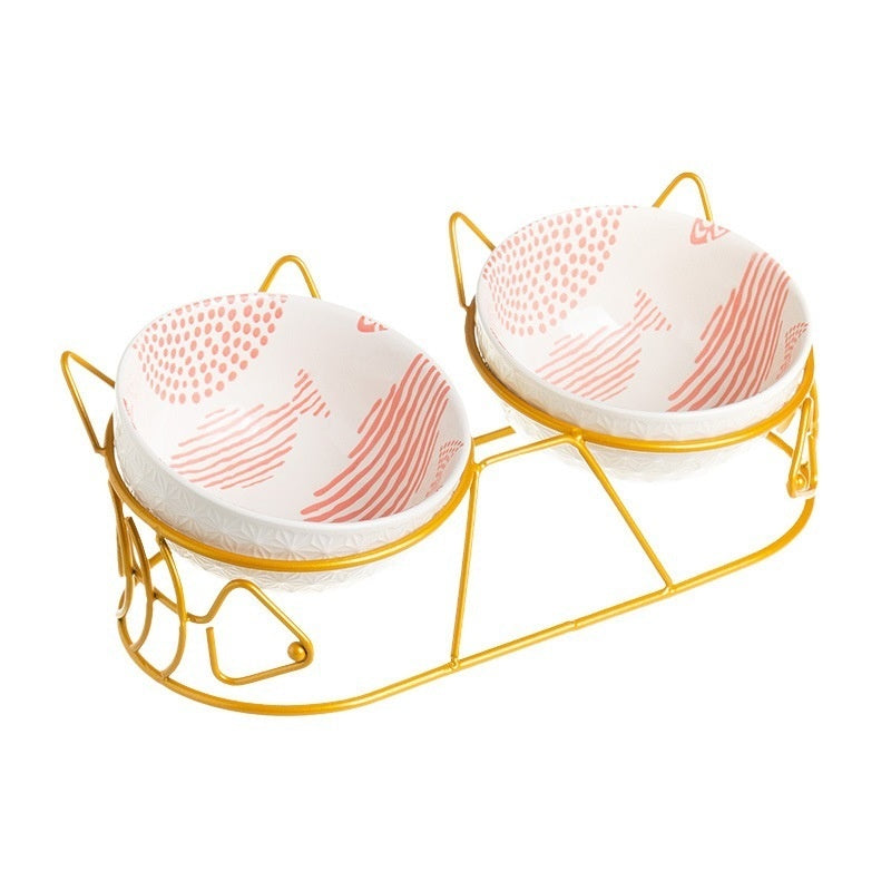 Pet Cat Bowl Ceramic Double Bowl Protection Cervical Spine Fixed Tilt