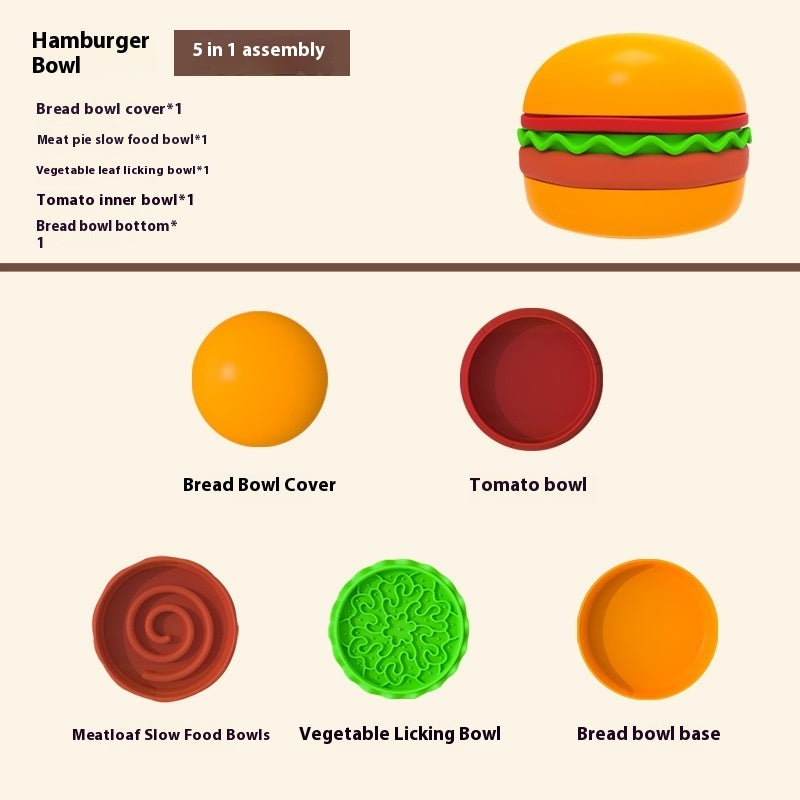 Hamburger Style 5-in-1 Dog Bowl Anti-choke Non-slip Pet Slow Feeding Bowl