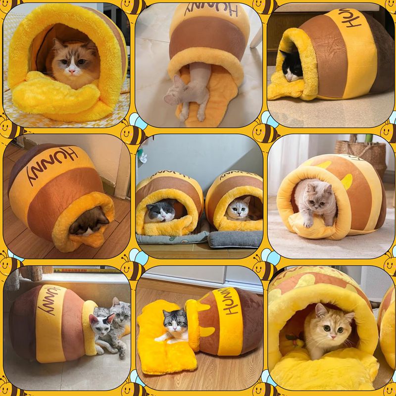 Honey Pot Cat Bed, Comfortable Memory Foam Cat Cave Bed, Honey Pot Pet Nest Pet Cave Bed, Kitten Cave Bed Sleeping House, Cute Cartoon Design Semi Closed Cat Cave Bed For Small Cats