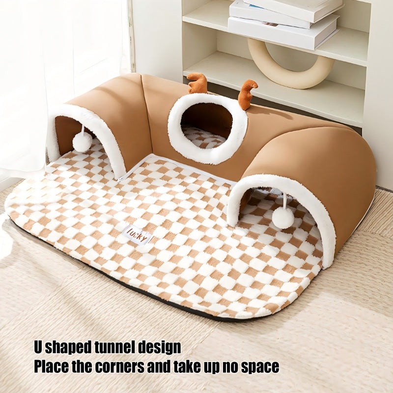 Cat Tunnel Bed Indoor,Cat Peekaboo Cave Bed For Multiple Cats,Kitty Tube With Balls Toys,Removable Small Dog House Washable,Small Animal Tunnel For Kitty,Bunny